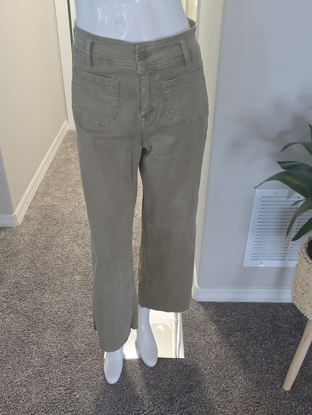 High-Rise Olive Bootcut Pants with Front Patch Pockets